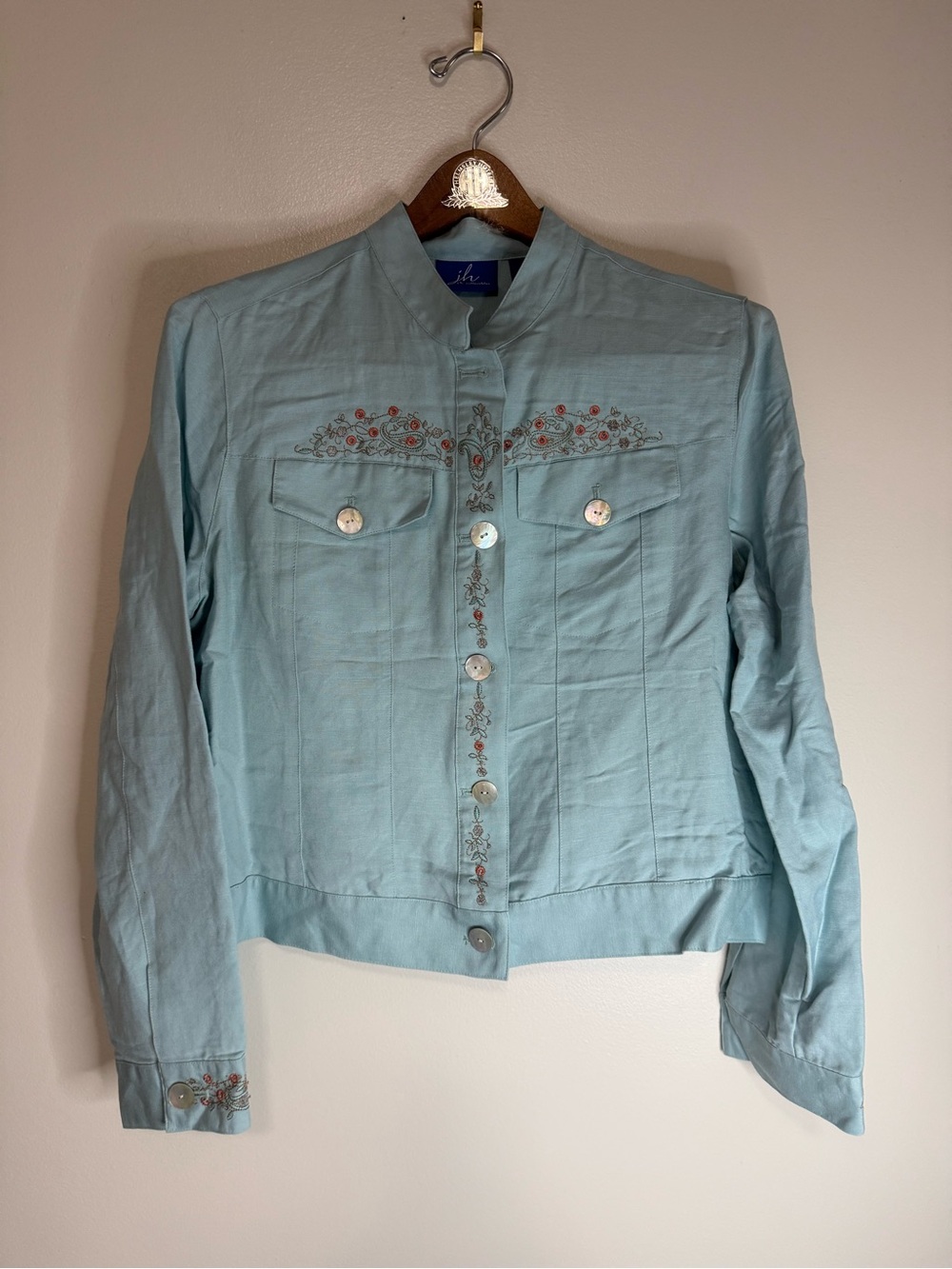 JH collectibles Blue Embroidered Mandarin Collar linen blend Jacket  size large
